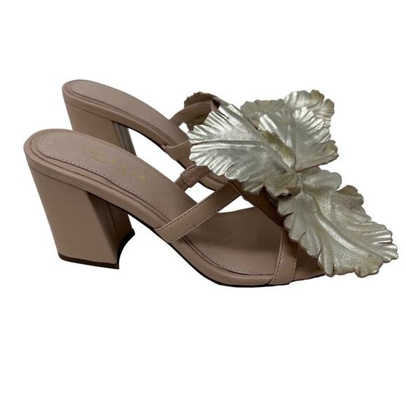 Cecelia New York Gold Beige Hibiscus II Slip On Sandals Heels - Picture 5 of 9